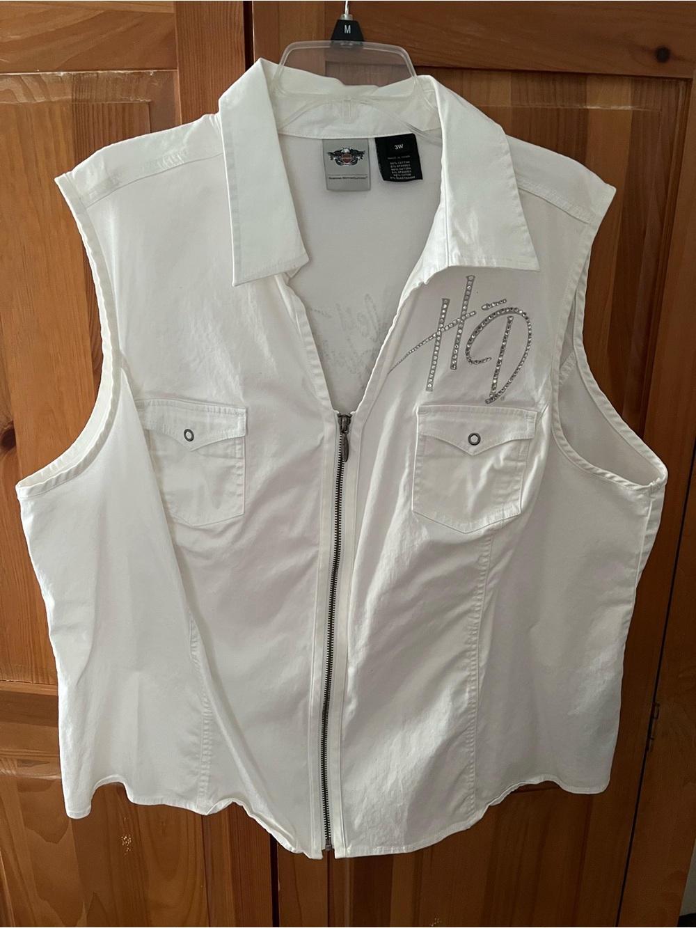 White Sleeveless Harley-Davidson Zip Front Shirt with Embellishments